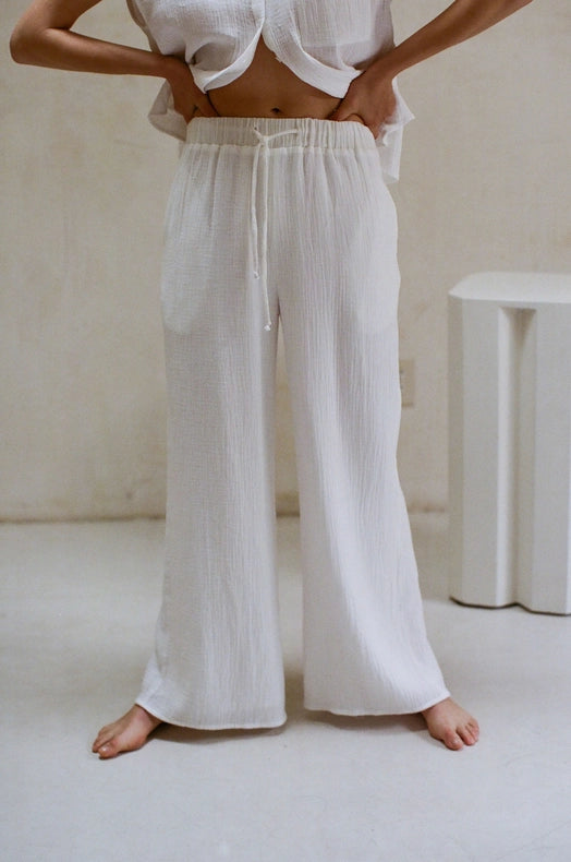 Woven Cotton Gauze Wide Leg Pants with Pockets