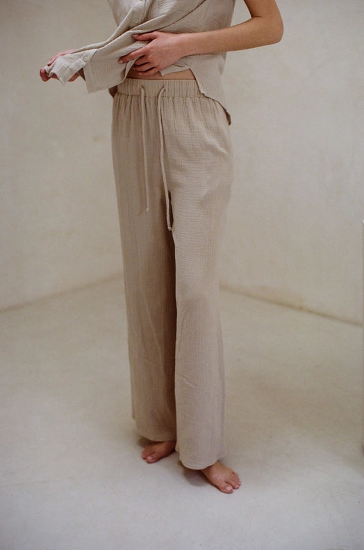 Woven Cotton Gauze Wide Leg Pants with Pockets