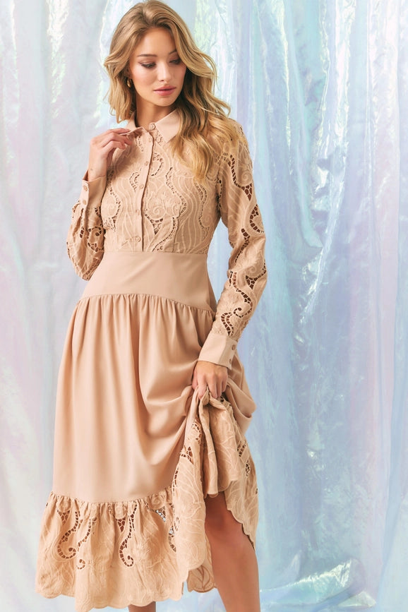 Woven Lace Shirt Tiered Full Dress BEIGE