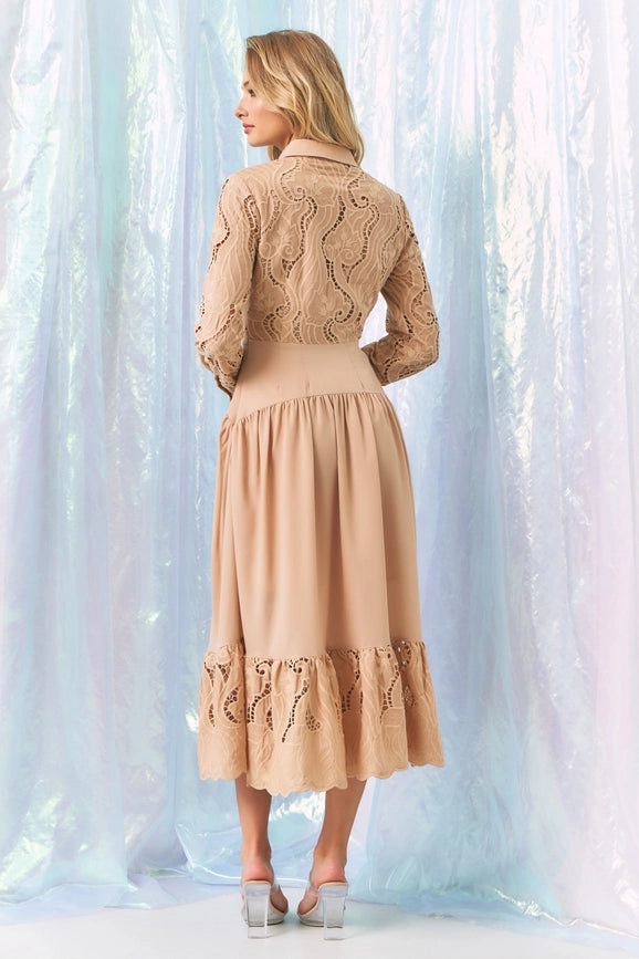 Woven Lace Shirt Tiered Full Dress BEIGE