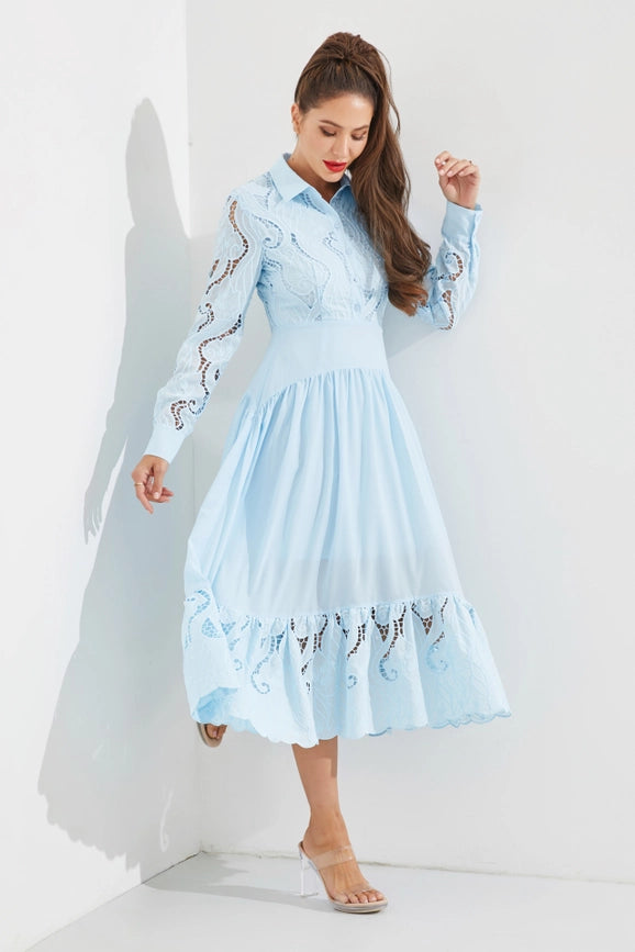 Woven Lace Shirt Tiered Full Dress LIGHT BLUE