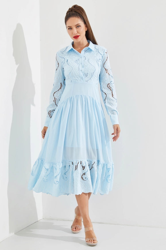 Woven Lace Shirt Tiered Full Dress LIGHT BLUE