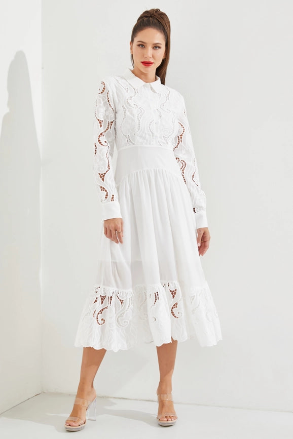 Woven Lace Shirt Tiered Full Dress WHITE