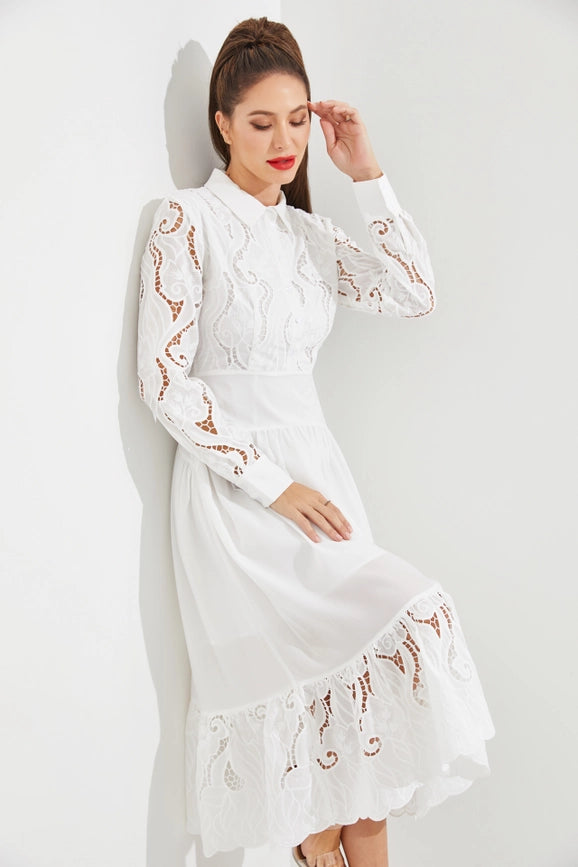 Woven Lace Shirt Tiered Full Dress WHITE