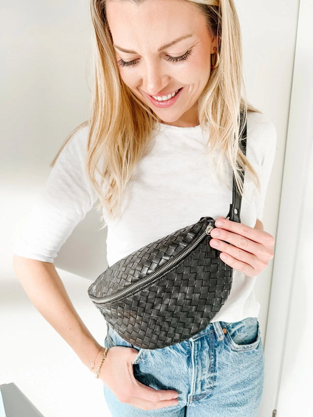 Woven Leather Belt Bag For Women Black