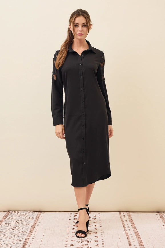 Woven Shirt Dress with Mesh Cutout