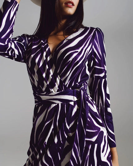 Wrapped Long Sleeve Dress With Belt In Cream And Purple Zebr