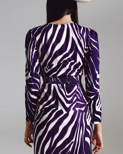 Wrapped Long Sleeve Dress With Belt In Cream And Purple Zebr