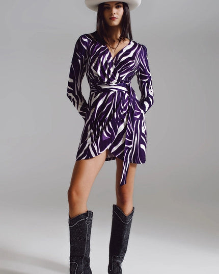 Wrapped Long Sleeve Dress With Belt In Cream And Purple Zebr