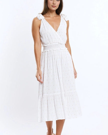 Wrapped White Midi Dress With Smock Detail At The Waist And Golden Polka Dots