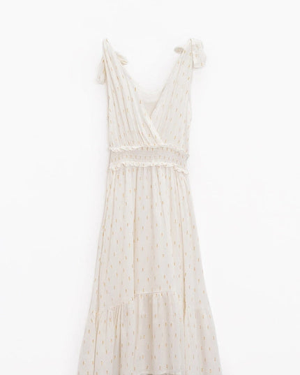 Wrapped White Midi Dress With Smock Detail At The Waist And Golden Polka Dots