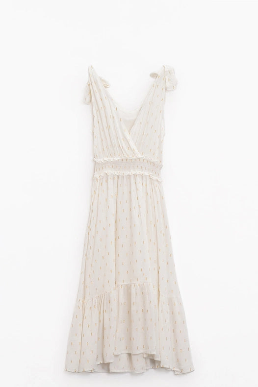 Wrapped White Midi Dress With Smock Detail At The Waist And Golden Polka Dots