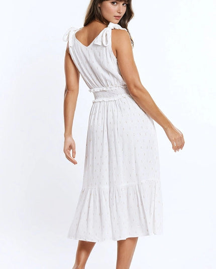 Wrapped White Midi Dress With Smock Detail At The Waist And Golden Polka Dots