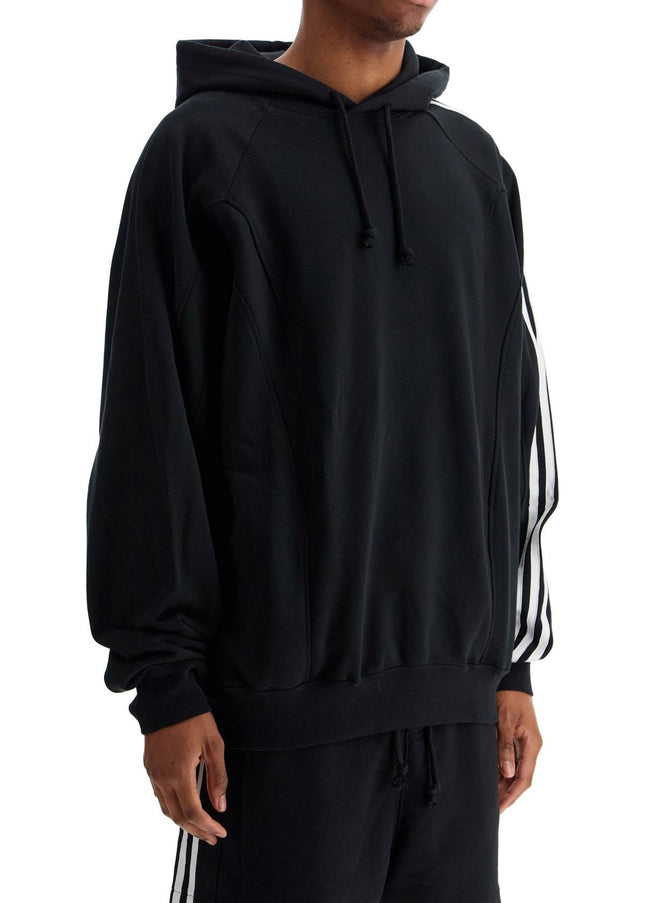 Y-3 black cotton and recycled polyester hoodie with white raglan stripes