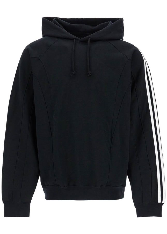 Y-3 black cotton and recycled polyester hoodie with white raglan stripes