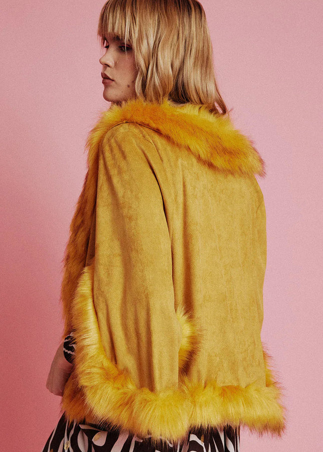 Yellow Faux Fur Suede Cape Jacket-1