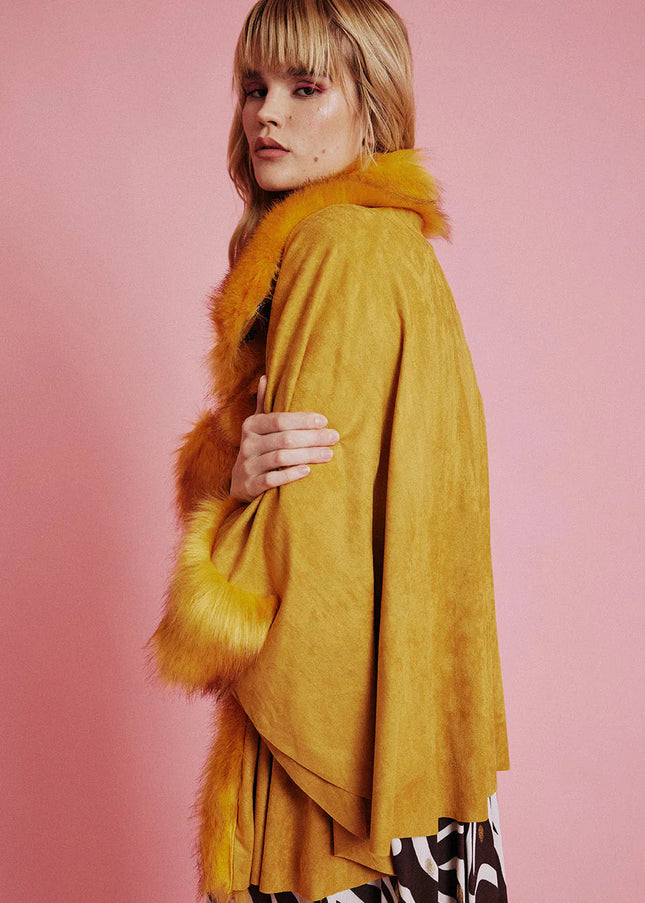 Yellow Faux Fur Suede Cape Jacket-2