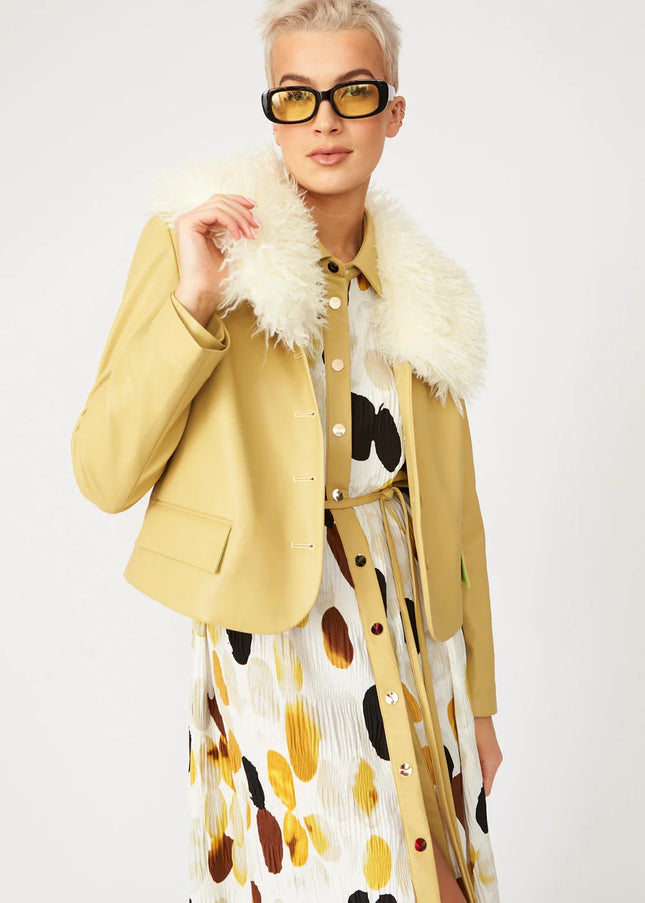 Yellow Faux Leather Jacket With Faux Shearling Collar-0