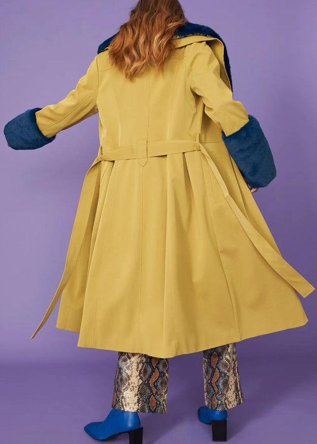 Yellow Faux Leather Trench Coat with Faux Fur Collar and Cuffs-3