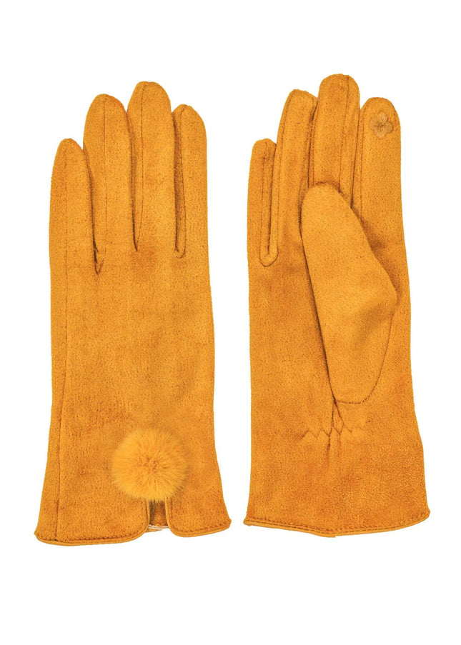 Yellow Faux Suede Gloves With Faux Fur Pom-2