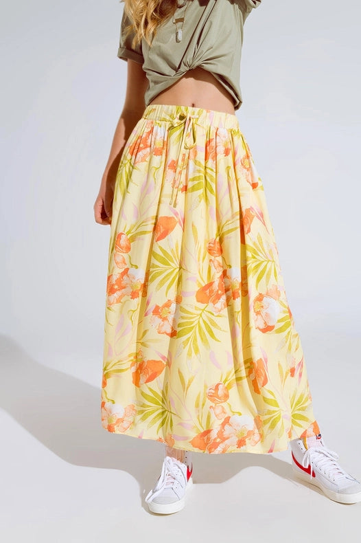 Yellow Maxi Skirt With Tropical Print