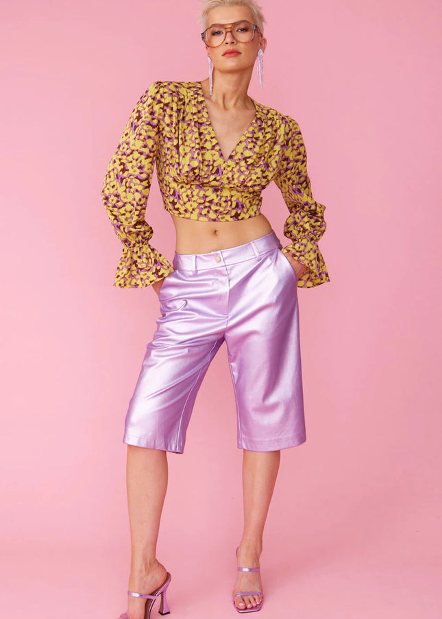 Yellow Purple Silk Blend Cropped Blouse-1