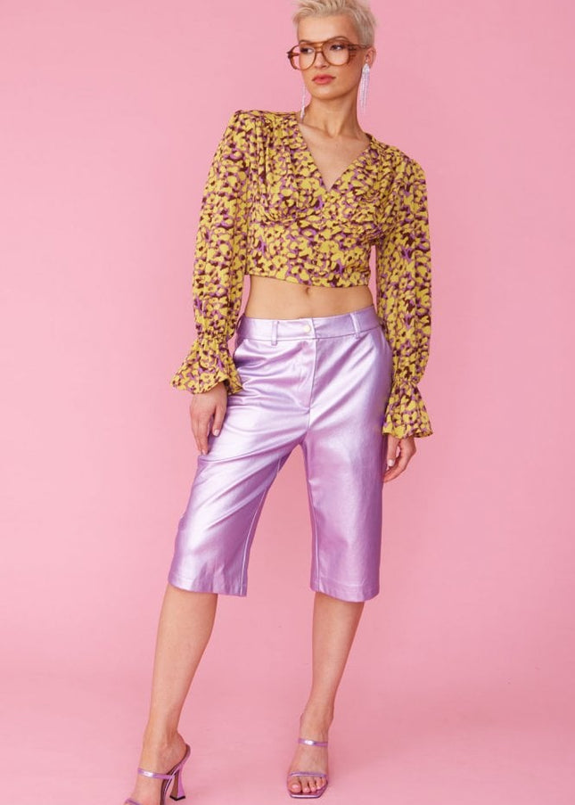 Yellow Purple Silk Blend Cropped Blouse-2