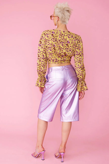 Yellow Purple Silk Blend Cropped Blouse-3