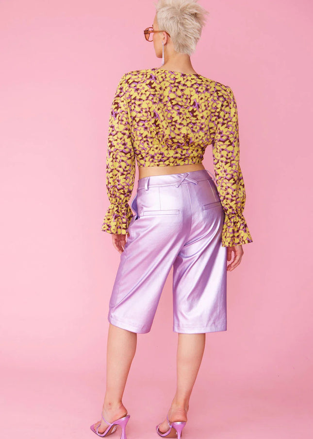 Yellow Purple Silk Blend Cropped Blouse-3