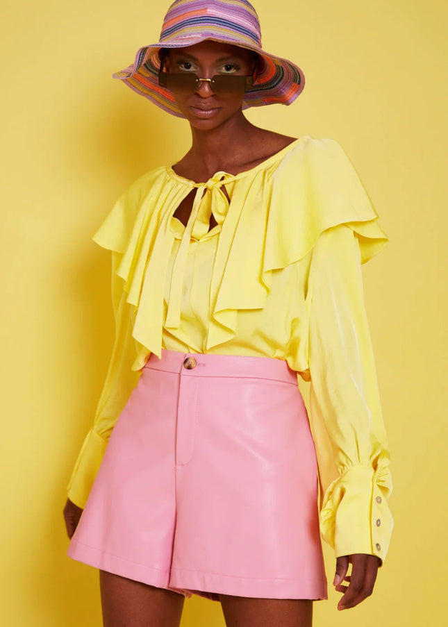 Yellow Silk Blend Ruffle Shirt-0