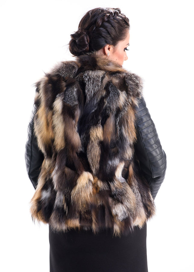 Yellow Silver Genuine Arctic Fox Fur Lamb Nappa Leather Jacket-1