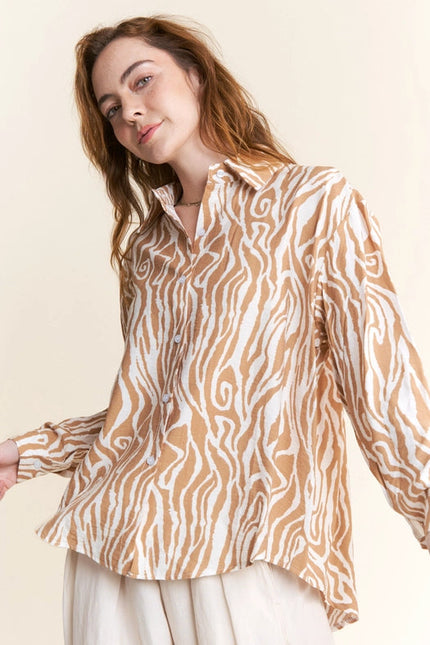 Zebra Design Print Casual Button Down Blouse