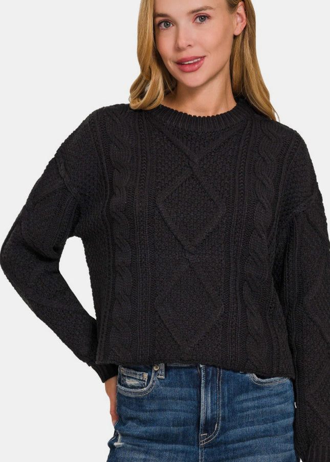 Zenana Cropped High Low Cable Sweater with Side Slits