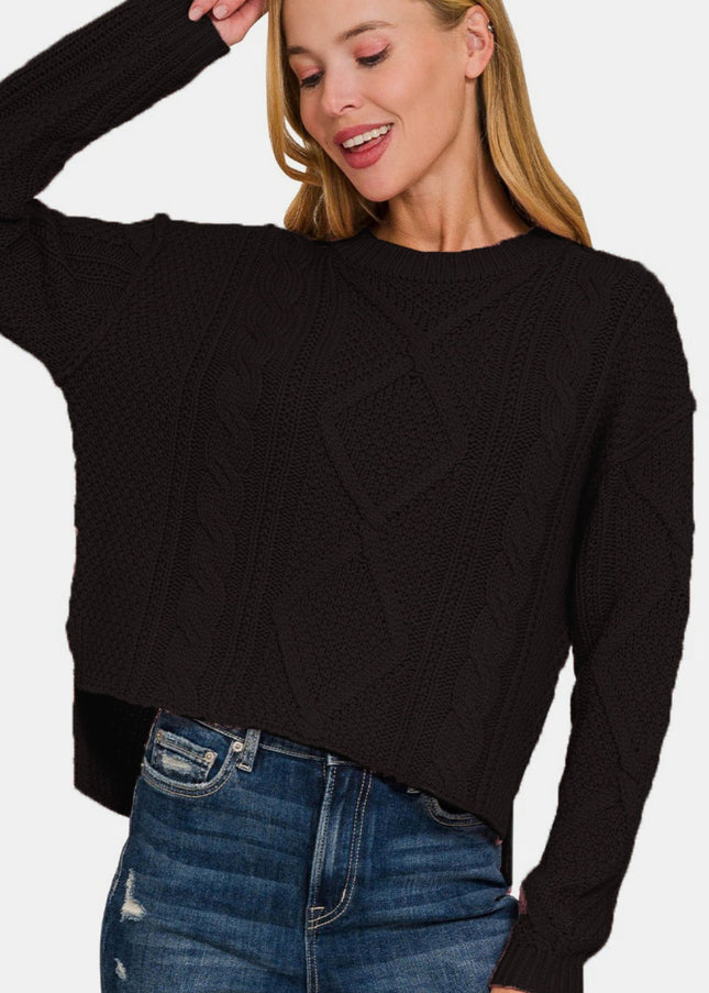 Zenana Cropped High Low Cable Sweater with Side Slits