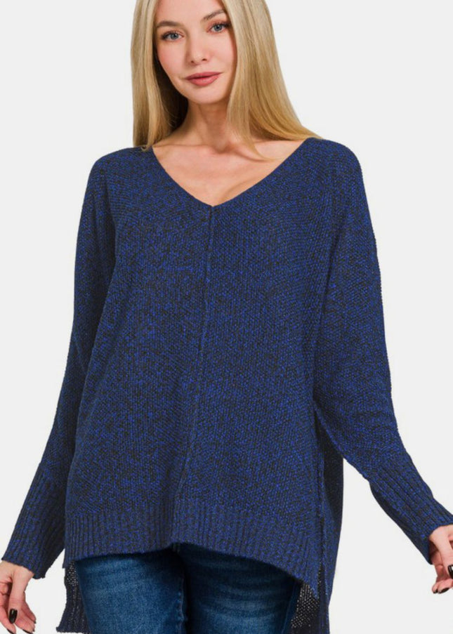 Zenana High-Low Center Seam V-Neck Sweater