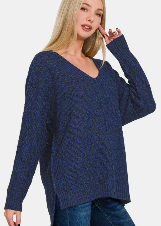 Zenana High-Low Center Seam V-Neck Sweater