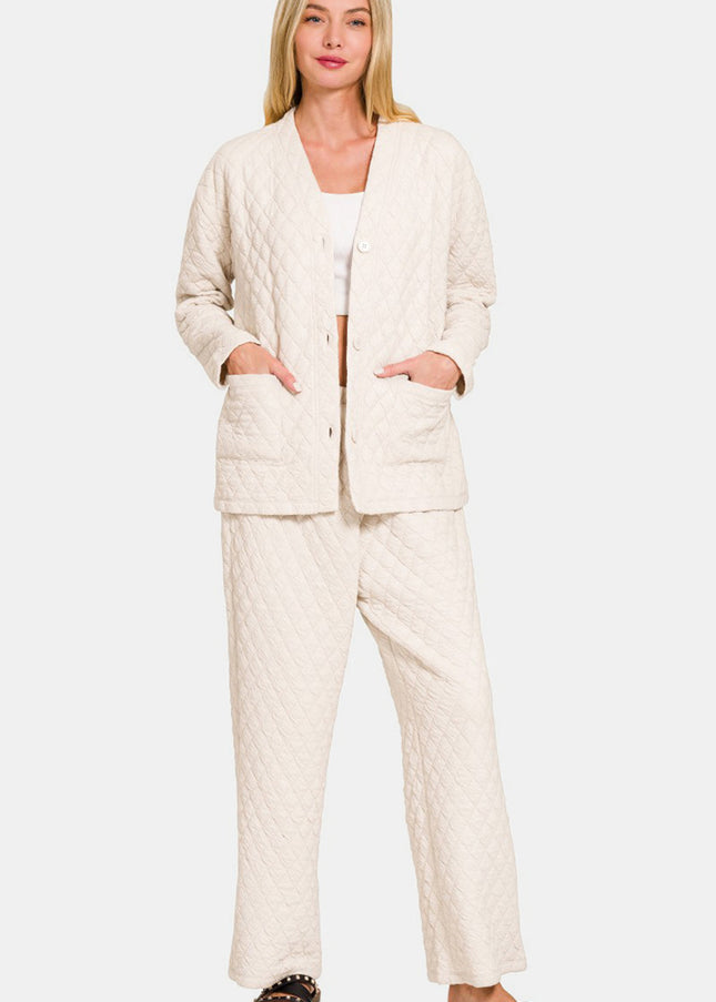 Zenana Quilted Button Up Long Sleeve Top and Pants Lounge Set