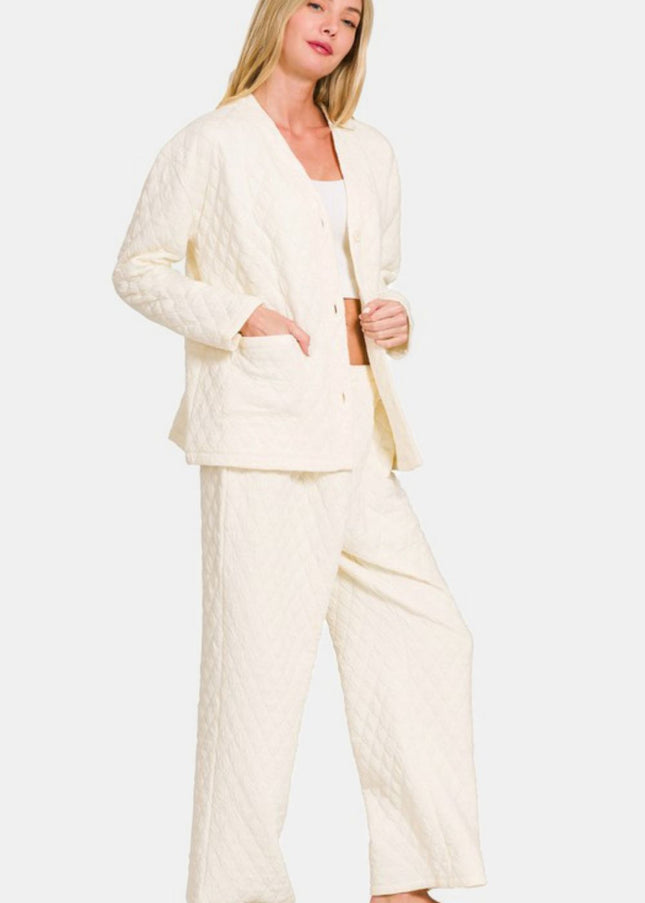 Zenana Quilted Button Up Long Sleeve Top and Pants Lounge Set