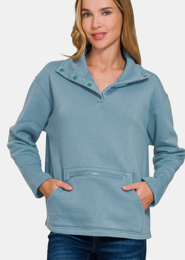 Zenana Turtleneck Half Snap Fleece Sweatshirt