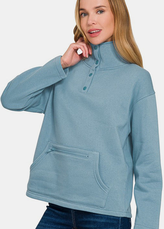 Zenana Turtleneck Half Snap Fleece Sweatshirt