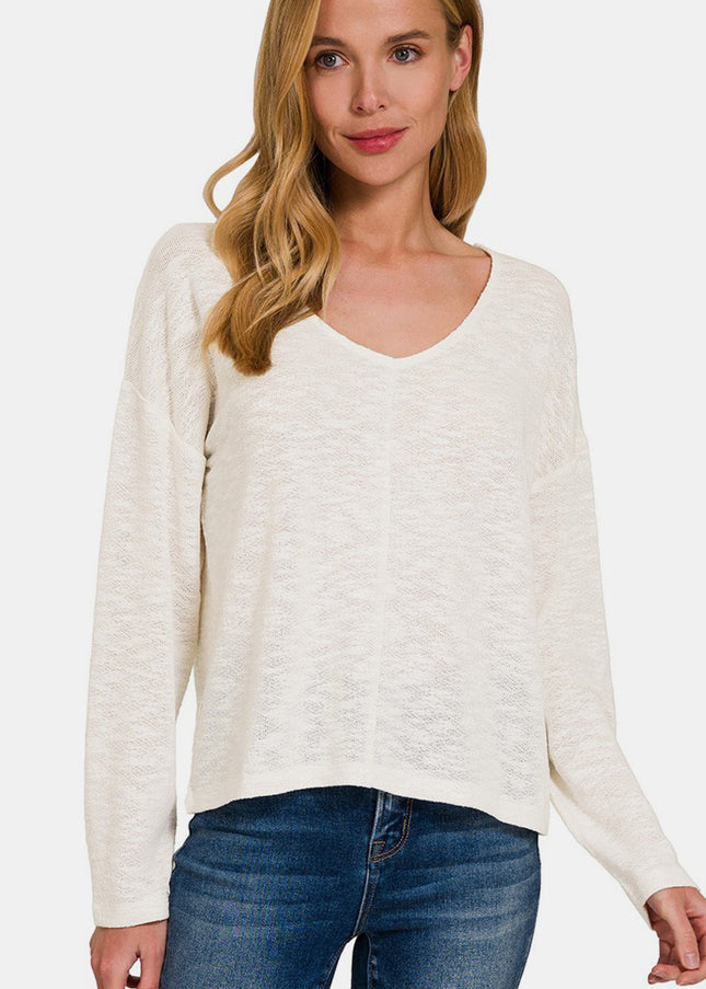 Zenana V-Neck Dropped Shoulder Long Sleeve T-Shirt