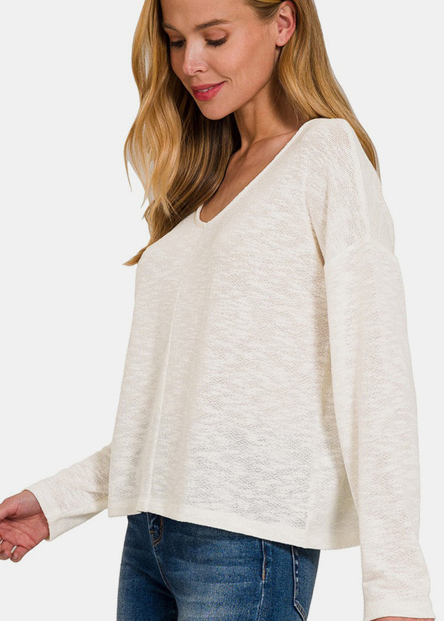 Zenana V-Neck Dropped Shoulder Long Sleeve T-Shirt