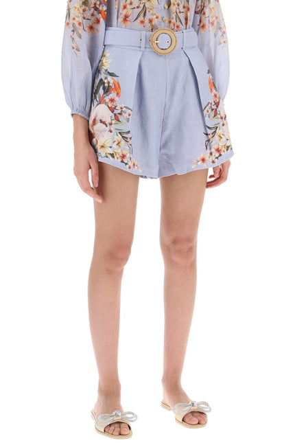 Zimmermann             lexi tuck linen shorts with floral motif - Light blue