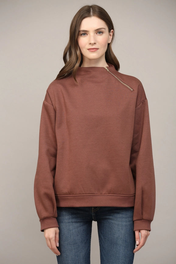 Zipper Trimmed Round Neck Sweatshirt CHOCO BROWN