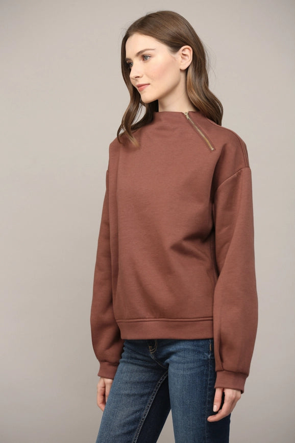 Zipper Trimmed Round Neck Sweatshirt CHOCO BROWN