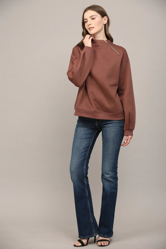 Zipper Trimmed Round Neck Sweatshirt CHOCO BROWN