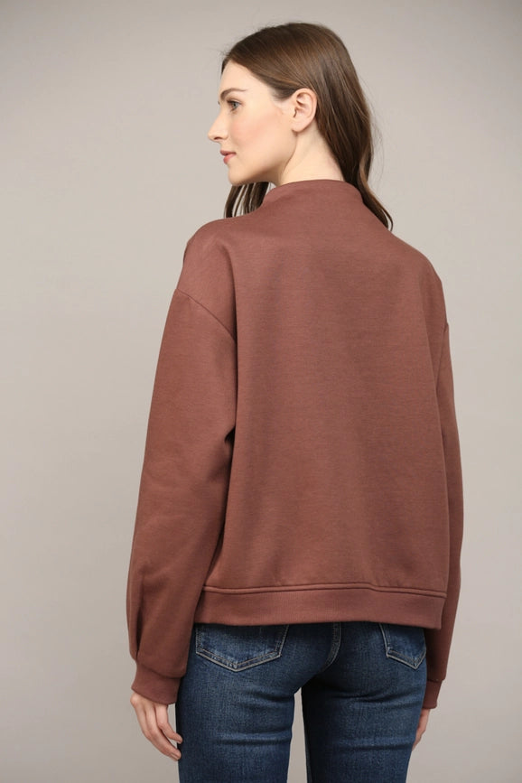 Zipper Trimmed Round Neck Sweatshirt CHOCO BROWN