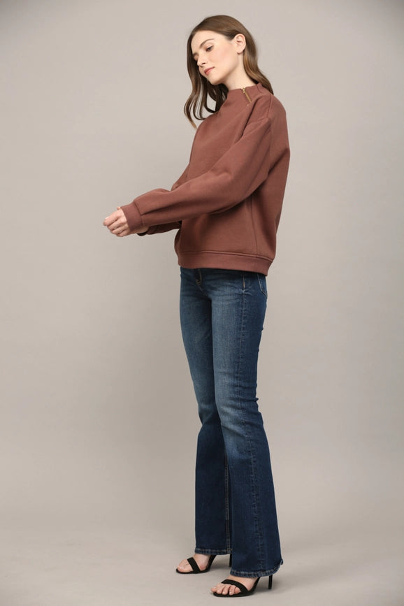 Zipper Trimmed Round Neck Sweatshirt CHOCO BROWN