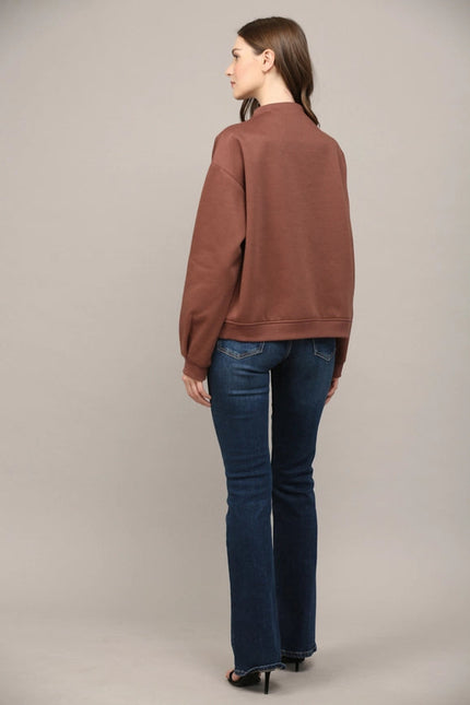 Zipper Trimmed Round Neck Sweatshirt CHOCO BROWN