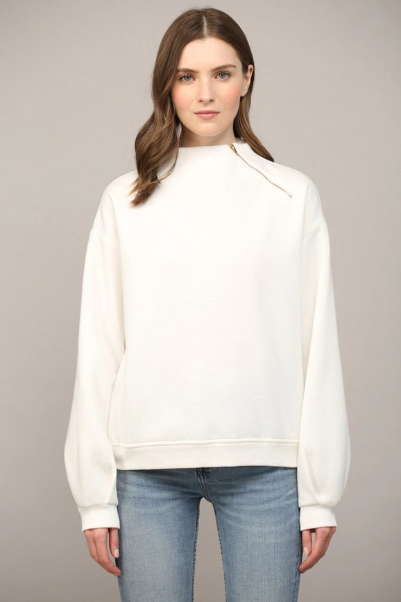 Zipper Trimmed Round Neck Sweatshirt CREAM